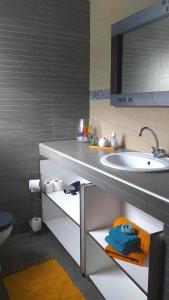 La salle de bains est pourvue d'un lavabo et d'un comptoir avec des serviettes. dans l'établissement CHAMBRES LEZARD Home, à Païta