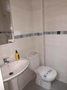 a white bathroom with a toilet and a sink at Hospedaje Benacazon A49 in Benacazón