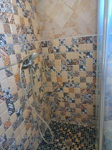 ein Bad mit Dusche und Wandfliesen in der Unterkunft CASA RURAL CORTIJO MOLINO EL TARAHAL in El Tarahal
