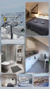 un collage de quatre photos d'une chambre d'hôtel dans l'établissement Przytulny Apartamencik- Willa Lawenda, à Rytro