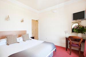 a bedroom with a bed and a chair and a tv at The Leeson Lodge in Dublin