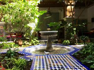 a bird sitting in a fountain in a garden at Riad Toyour- Riad of birds in Fès