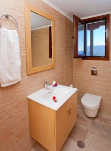 a bathroom with a sink and a toilet and a mirror at Calm View in Vasiliki