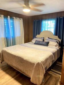 a bedroom with a bed with blue curtains and a fan at THE HILO HOMEBASE - Charming 3 Bedroom Hilo Home, with AC! in Hilo