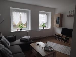 a living room with a couch and two windows at Ferienwohnung am Kurpark in Bad Münder am Deister