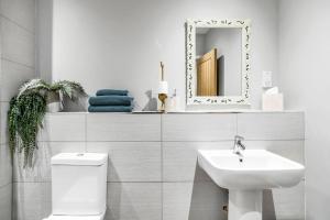 a bathroom with a sink and a toilet and a mirror at Central Castle House in Norwich