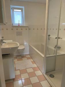 W łazience znajduje się prysznic, umywalka i toaleta. w obiekcie Ferienhaus Cekic w mieście Erlenbach am Main