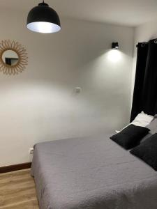 Schlafzimmer mit einem Bett und einem Wandspiegel in der Unterkunft Le Margoze - T2 Boucan Canot in Saint-Gilles-les-Bains