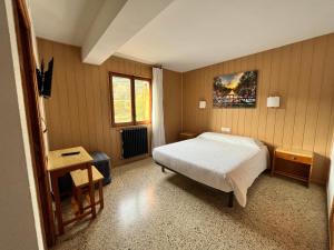 カスティエジョ・デ・ハカにあるMeson de Castielloのベッドルーム1室(ベッド1台、デスク、ベッドサイドシックスシックス付)
