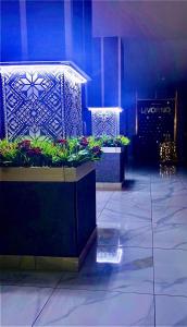 dwa stoły z roślinami w pokoju z niebieskimi światłami w obiekcie Villa Livorno w mieście Bukowel