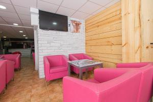 una sala d'attesa con sedie rosa e TV di Apartaments Turistics Natural Suites Manzano 3000 a Pas de la Casa
