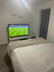 a bedroom with a tv and a bed in front of it at Lovely 1 Bedroom Condo in Leicester City in Leicester