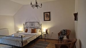a bedroom with a bed and a chair and a chandelier at StudioRasnov in Râşnov