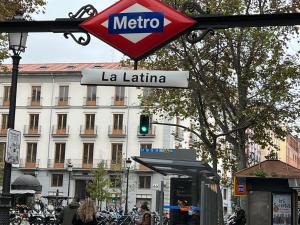 a sign for a metro station in a city at Mini duplex plaza mayor in Madrid