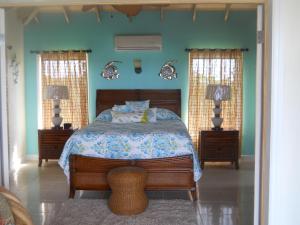 a bedroom with a bed with blue walls and two lamps at Harbor Breeze Villas in Clarence Town