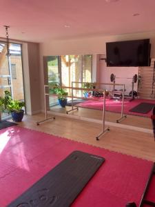 a room with three yoga mats and a flat screen tv at The Owl's Nest at Dunkirk Bank in Nailsworth