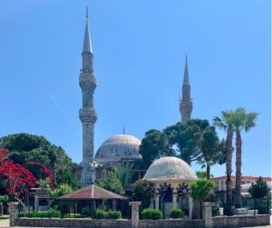 a mosque with two minarets in the background at Luxury Flat of Cleodora Residence in Serik