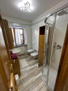 łazienka z prysznicem, toaletą i umywalką w obiekcie Casa Norberto w Livigno