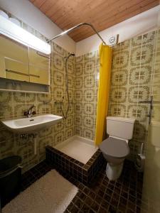 a bathroom with a toilet and a sink at Hotel Péz Ault in Disentis