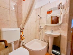 a small bathroom with a toilet and a sink at Casa cu Brazi in Buşteni