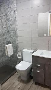 a bathroom with a toilet and a sink and a shower at Apartamento La Plaza in Onís