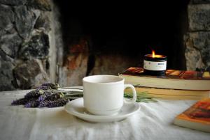 Una taza de café, una vela y algunos libros. en Cabañas Las Dinas en Tandil