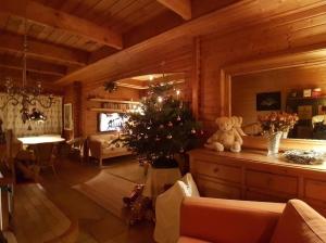 a living room with a christmas tree in a cabin at Mont Blanc Chalet in Grandevent