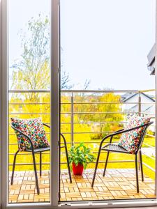 2 sillas y una planta en el balcón en Willa Moćkówka, en Busko-Zdrój