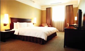 台北的住宿－台北國際飯店，酒店客房设有一张大床和一台电视。