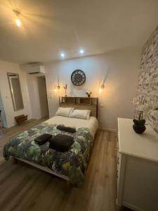 een slaapkamer met een bed en een klok aan de muur bij WAGNER’studio BALNÉO’terrasse au calme in Chasse-sur-Rhône