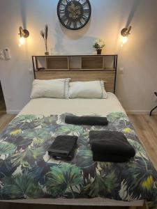 ein Schlafzimmer mit einem Bett mit einer Uhr an der Wand in der Unterkunft WAGNER’studio BALNÉO’terrasse au calme in Chasse-sur-Rhône