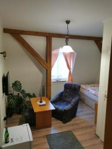 a living room with a chair and a window at Hotel Alster in Jevíčko