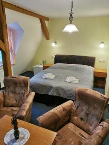 sypialnia z łóżkiem, stołem i krzesłami w obiekcie Hotel Alster w mieście Jevíčko