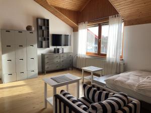 1 dormitorio con 1 cama y TV. en Apartament Wysoki Pl. Św. Ambrożego 8 en Międzybrodzie Bialskie
