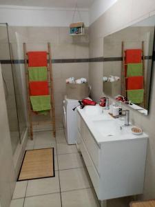 a bathroom with a sink and a toilet and a mirror at Apt 2 chambres Vue Lagon in Saint Martin