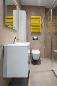 W łazience znajduje się toaleta, umywalka i prysznic. w obiekcie Apartament PLATYNOWY - Centrum Gliwic z parkingiem w mieście Gliwice