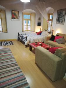 a living room with a bed and a couch at Au pied de la falaise rouge in Leonidion