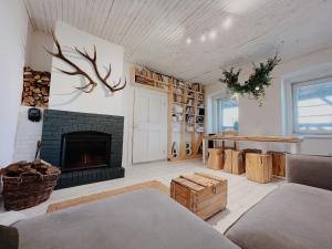 a living room with a fireplace and a couch at Cottage43 in Bărcuţ