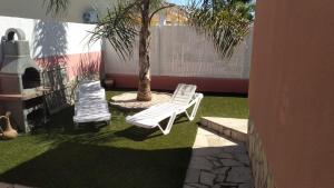 dos sillas blancas y una palmera en un patio en Arel, en Riumar