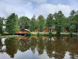 a group of tents on a lake with trees at 25 Premium Camping Pod in Silberstedt
