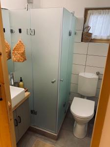 uma casa de banho com um WC e um chuveiro em Fügéskert em Balatongyörök
