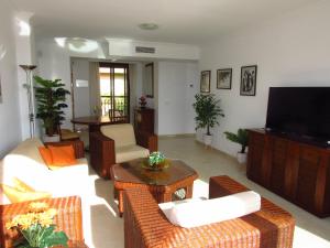 a living room with couches and a flat screen tv at Penthouse Benalvistas Torregolf Seaview in Benalmádena