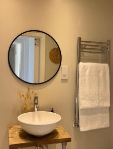 a bathroom with a white sink and a mirror at Harbour View House in St Ives