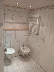 een witte badkamer met een toilet en een wastafel bij Kleine Unterkunft für Selbstversorger in Neurenberg
