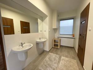 łazienka z dwiema umywalkami i lustrem w obiekcie Apartamenty Trzciana w mieście Rzeszów +29 zdjęć