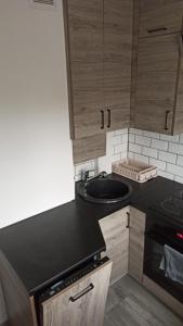 a kitchen with a sink and a black counter top at Apartament Zdrojowy in Głuchołazy