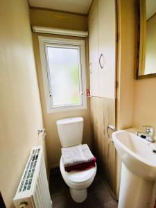 a bathroom with a toilet and a sink and a window at Dizzard 23 in Bridgerule