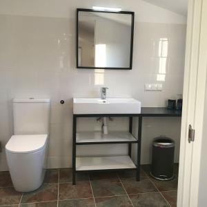ein Badezimmer mit einem Waschbecken, einem WC und einem Spiegel in der Unterkunft Casita Zayas - Guesthouse in Periana