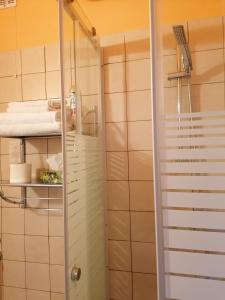 a shower with a glass door in a bathroom at Bianco in Sopron