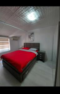 1 dormitorio con 1 cama grande de color rojo en una habitación en Apartment Center 23, en Podgorica
